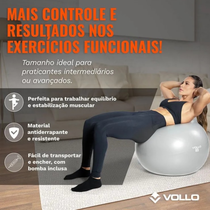 Bola Vollo Gym 65Cm Res 300Kg C/Bomba Unissex - Cinza