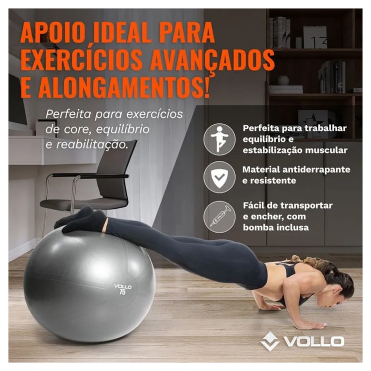 Bola Vollo Gym 75Cm Res 300Kg C/Bomba Unissex - Cinza
