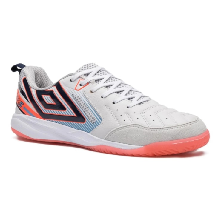 Chuteira Futsal Umbro Pro 5 Bump Masculina - Branca/Coral