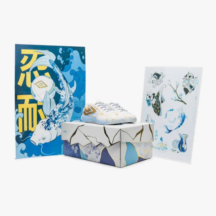 Chuteira Futsal Umbro Pro 5 Kintsugi Infantil - Branca/Azul