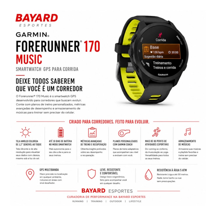 Relógio Monitor Cardíaco Garmin Forerunner 170 Music Unissex - Preto/Amarelo